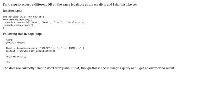 Wordpress: Connecting to a 2nd DB gives me no results when querying смотреть онлайн
