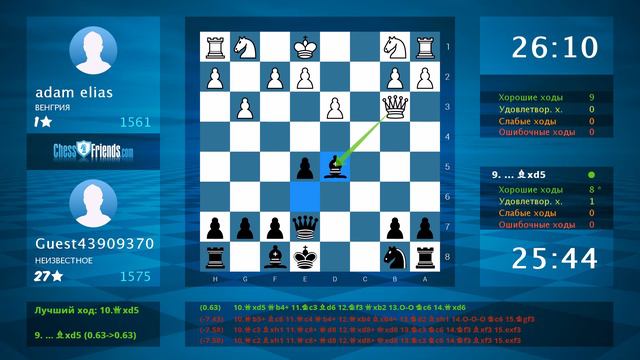 Анализ шахматной партии: adam elias - Guest43909370, 0-1 (по ChessFriends.com) смотреть онлайн