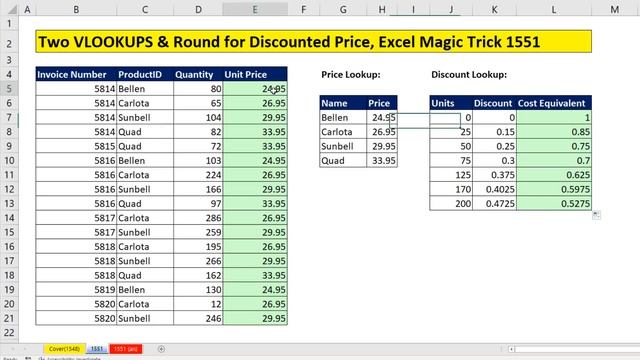 Excel Magic Trick 1551: Lookup Discounted Price? 2 VLOOKUPs & ROUND смотреть онлайн