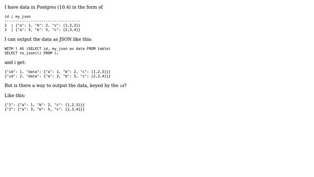 Databases: Postgres JSON output using specific column as JSON key смотреть онлайн
