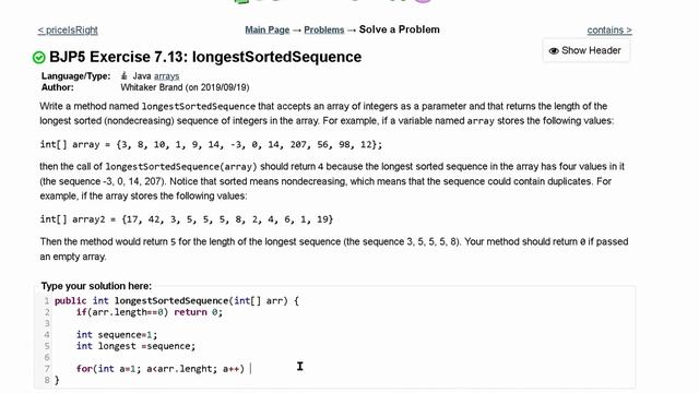 Java Practice It | Exercise7.13: longestSortedSequence | arrays, array basics, condition смотреть онлайн