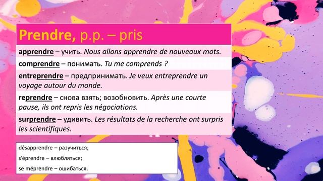 Спряжение глаголов PRENDRE (comPRENDRE, apPRENDRE...). Неправильные глаголы 5. смотреть онлайн