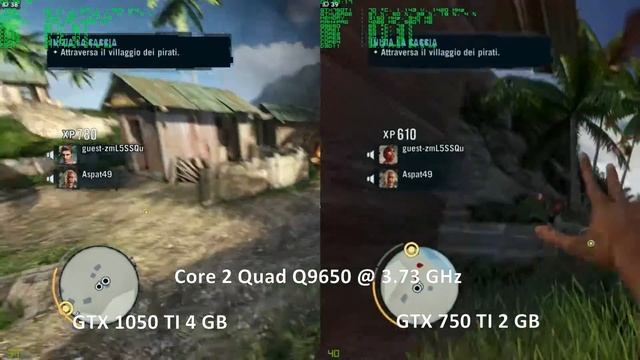 Far Cry 3 on Core 2 Quad Q9650 @ 3.73 GHz: GTX 1050 TI vs GTX 750 TI - Full HD Max Settings 2xMsaa смотреть онлайн