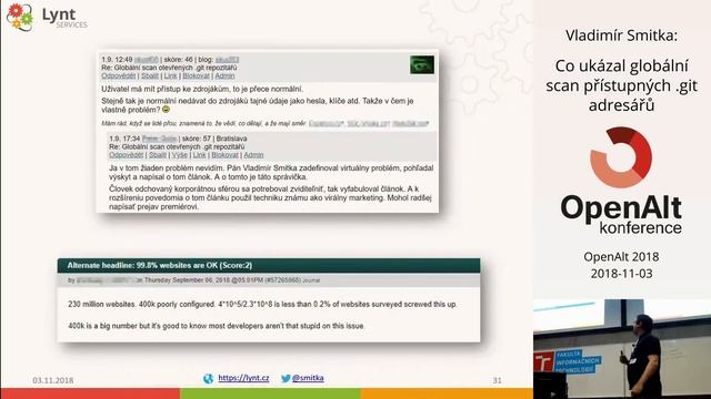 OpenAlt 2018: Vladimír Smitka - Co ukázal globální scan přístupných .git adresářů смотреть онлайн