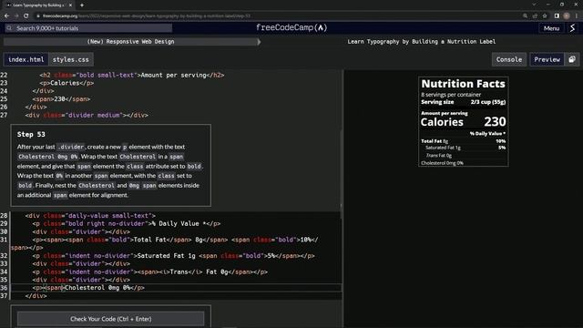 learn2code | freeCodeCamp (New) Responsive Web Design - Building a Nutrition Label: Step 53 смотреть онлайн