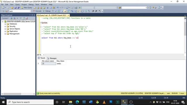 Use of IN,LIKE,DISTINCT and TOP Command in SQL смотреть онлайн