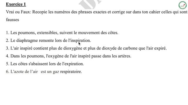 Exercices - Troisième - SVT : La Respiration Chez L'espèce Humaine / M. Diallo
