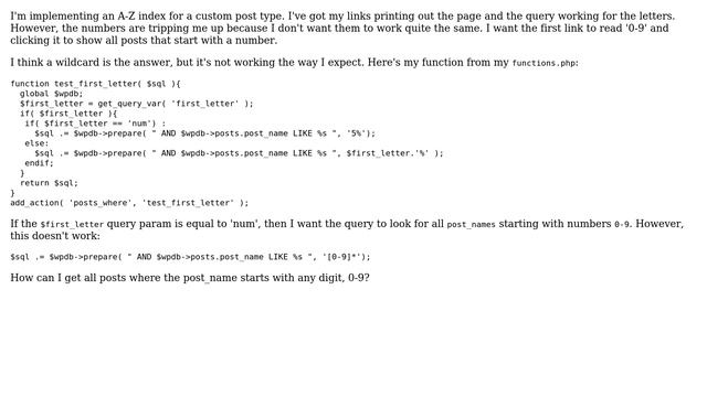 Wordpress: Custom query to get post names beginning with a digit смотреть онлайн