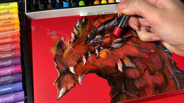 Красный дракон. Рисунок масляной пастелью смотреть онлайн