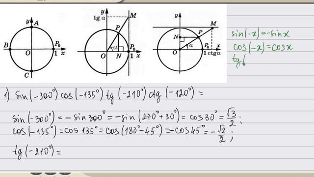 Вычислить значение тригонометрического выражения sin(-300°)cos(-135°)tg(-210°)ctg(-120°) смотреть онлайн