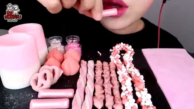 ASMR PINK DESSERTS  EDIBLE JELLO SHOTS, SHEET JELLY, NERD ROPE, BLOSSOM PRETZEL MUKBANG  핑크색 디저트 먹방