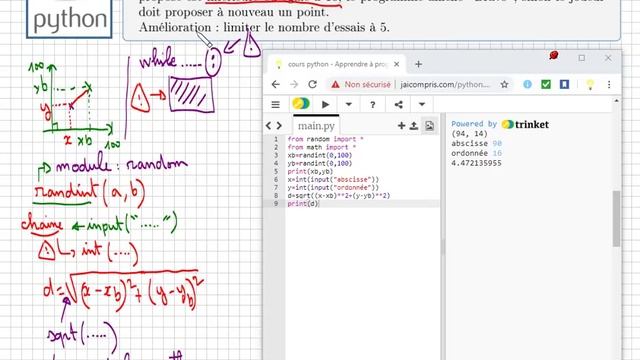 cours python • jeu avec calcul de distance • tutoriel • lycée • programmation смотреть онлайн