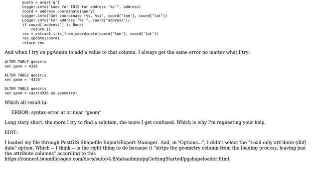 GIS: psycopg2 not working because column "geom" does not exist (2 Solutions!!) смотреть онлайн