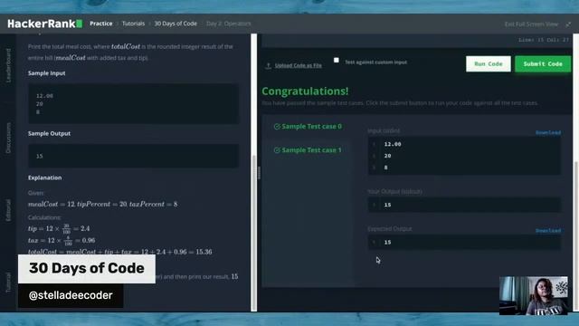 HackerRank | Day 2 | Operators | Solution in Python (Live Coding w/ @stelladeecoder) смотреть онлайн