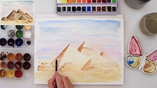 Watercolor painting tutorial - pyramids + FREE SKETCH смотреть онлайн