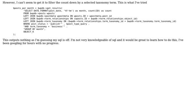 Wordpress: $wpdb select query by month, post type, and taxonomy term смотреть онлайн