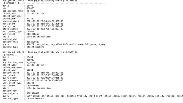 Databases: pg_dump. Some COPY processes stuck on 'idle in transaction' after pg_dump completion смотреть онлайн