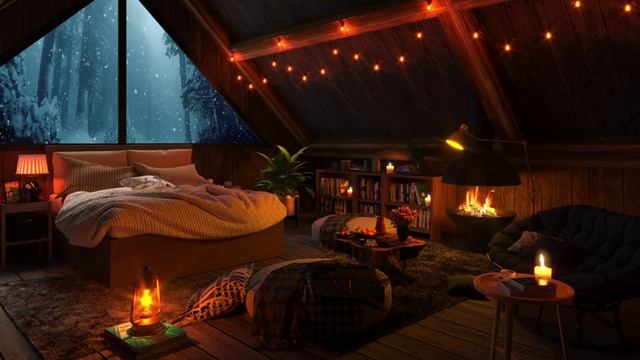 Уютная спальня / Первый СНЕГ за окном / ЛЁГКИЙ джаз для НАСТРОЕНИЯ / Звук КАМИНА...