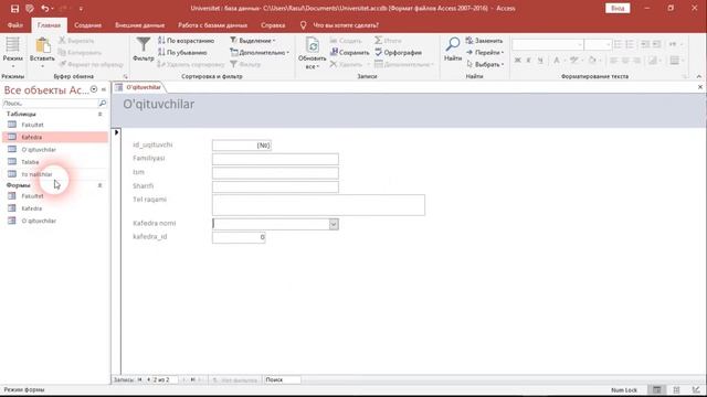 MS Access Formalar Bilan Ishlash. 2-dars