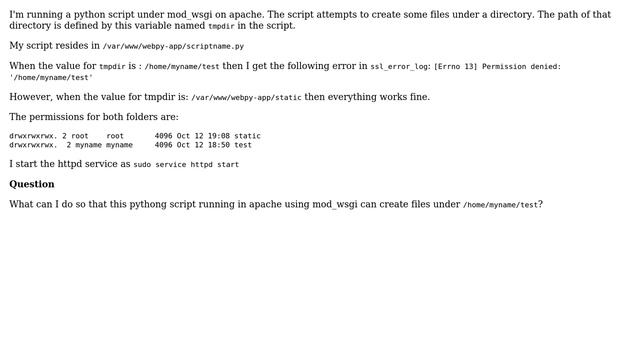 Permission denied error while creating files from a python script using mod_wsgi on apache смотреть онлайн
