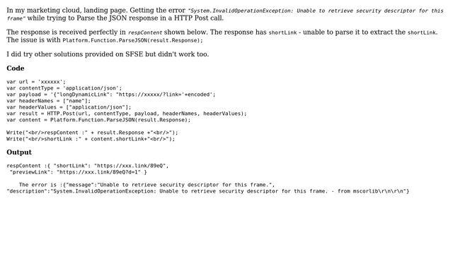 Salesforce: ParseJSON Error for HTTPPost - SSJS Unable to retrieve security descriptor смотреть онлайн