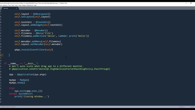 Hide and Display MenuBar With Mouse Hovering | PyQt5 Tutorial смотреть онлайн