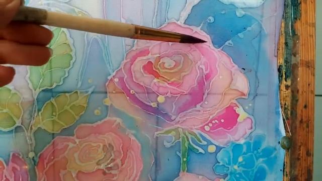 Шарф батик. Фрагмент росписи РОЗЫ