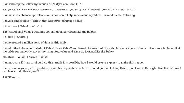 Postgres 9.6.5 - Can I use a query to calculate a value from two columns and insert the... смотреть онлайн