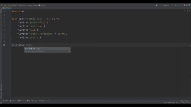 Эффект матрицы в командной строке с помощью python (питон) смотреть онлайн