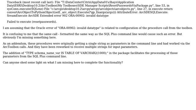 GIS: Oracle Procedure Call From ArcToolbox Script - Error processing call - смотреть онлайн