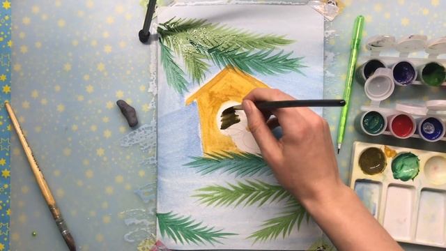 Рисуем птицу в кормушке Зимний рисунок Рисуем гуашью просто смотреть онлайн