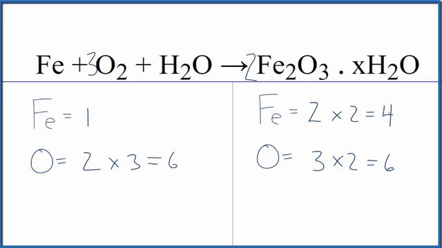 How to Balance Fe + O2 + H2O = Fe2O3 . xH2O (Iron + Oxygen gas + Water) смотреть онлайн