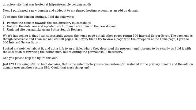 Wordpress: 500 Internal Server Error after attempting to switch from subdirectory to addon domain смотреть онлайн