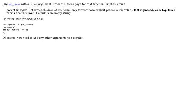 Wordpress: Get only the top level categories using get_categories() without foreach loop смотреть онлайн