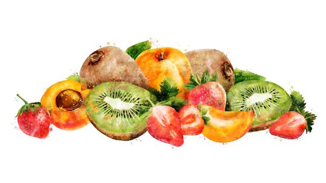 Watercolor appearance animation of the apricot, strawberry and kiwi on the alpha channel. смотреть онлайн