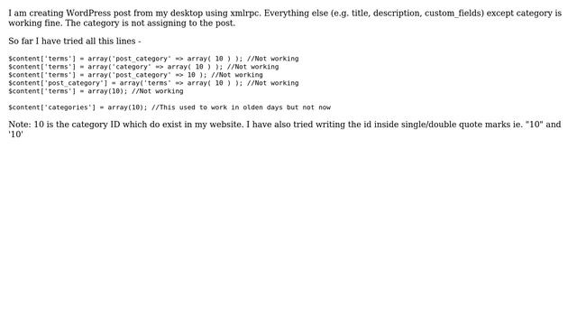 Wordpress: New post created with XML-RPC works fine but fails to assign category смотреть онлайн