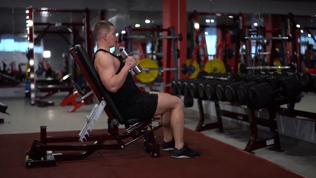 Сгибание рук на бицепс сидя на скамье "Молотом". Упражнение #20 Hammer curls sitting on a bench смотреть онлайн