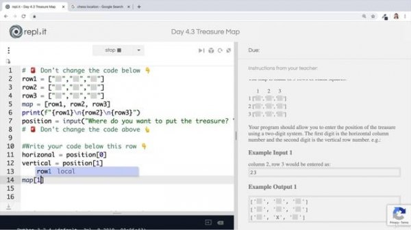 Day 4 - Randomisation and Python Lists - 7 [Interactive Coding Exercise] Treasure Map