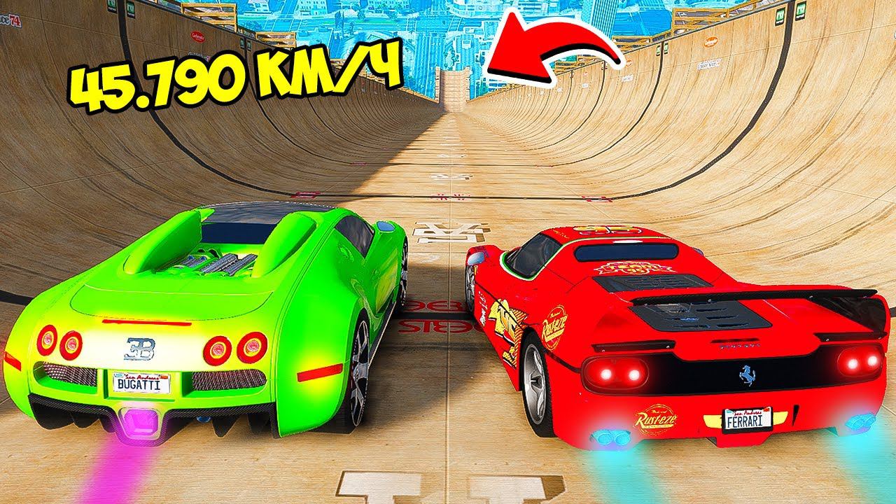 СПУСК БЕЗ ТОРМОЗОВ БУГАТТИ ВЕЙРОН ПРОТИВ ФЕРРАРИ ПО ТРАМПЛИНУ ГТА 5 МОДЫ МУРКА смотреть онлайн