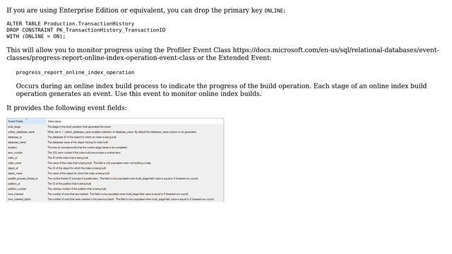 Is it possible to track the progress of when I drop a the primary key clustered index on a table? смотреть онлайн