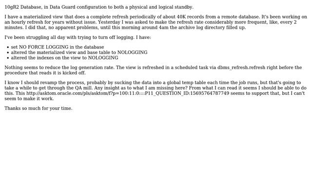 DevOps & SysAdmins: How can I turn of redo logging on a materialized view refresh? смотреть онлайн