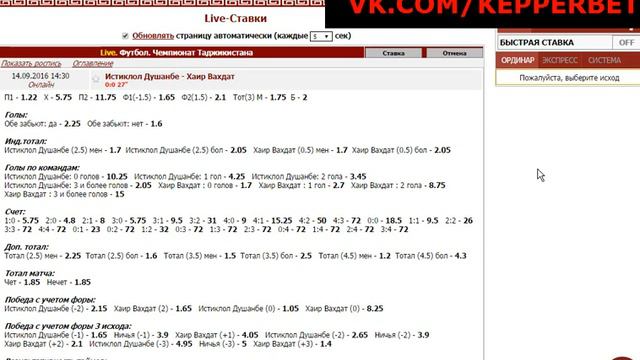 Истиклол Душанбе - Хаир Вахдат - Тотал 1-го тайма (0.5) бол - 14.09.16 - ГОЛ НА 31 МИНУТЕ