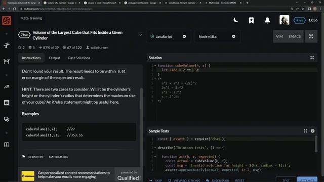 Codewars 7 kyu Volume of the Largest Cube That Fits inside a Given Cylinder Javascript смотреть онлайн