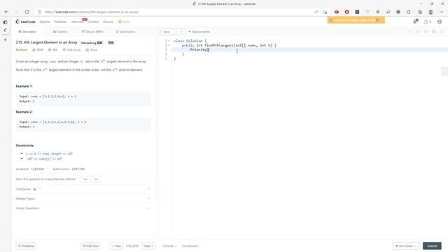 LeetCode 215 | Kth Largest Element in an Array | PriorityQueue | Java смотреть онлайн