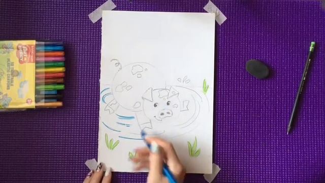 Рисуем хрюшку поэтапно, восковыми карандашами/Учимся рисовать/Уроки ИЗО смотреть онлайн
