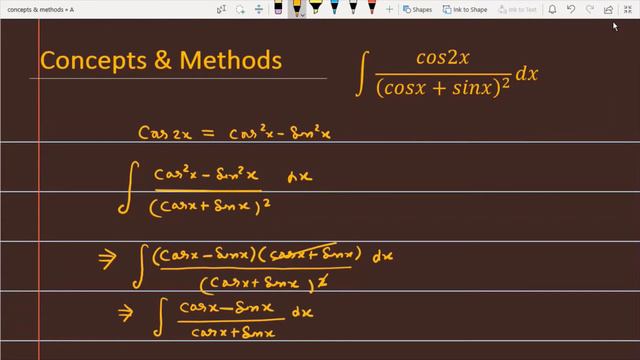 integrate 'cos2x/(cosx+sinx)^2' || integral cos2x/(cosx+sinx)^2 || `int(cos2x)/((sinx+cosx)^2)dx=` смотреть онлайн