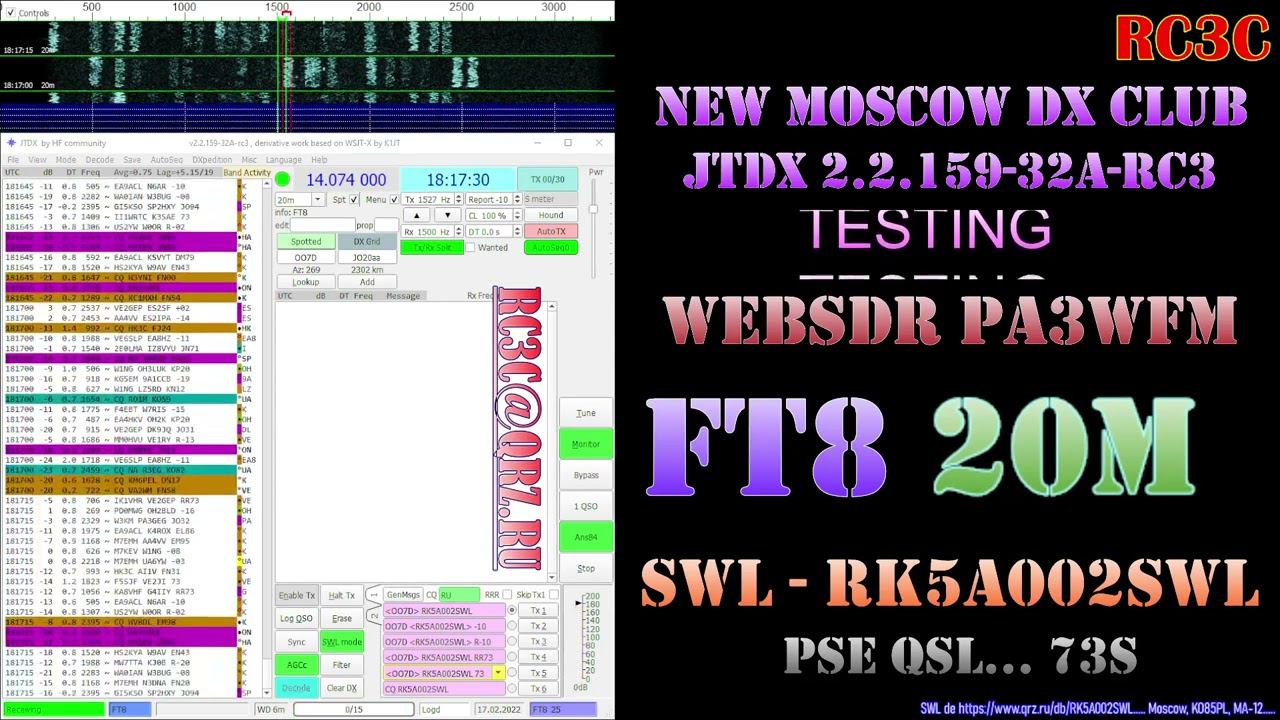RK5A002SWL - FT8 SWLing on 20M, Test JTDX v.2.2.159-32A-rc3 [WebSDR] смотреть онлайн