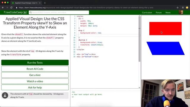 Applied Visual Design - Use the CSS Transform Property skewY to Skew an Element Along the Y Axis смотреть онлайн
