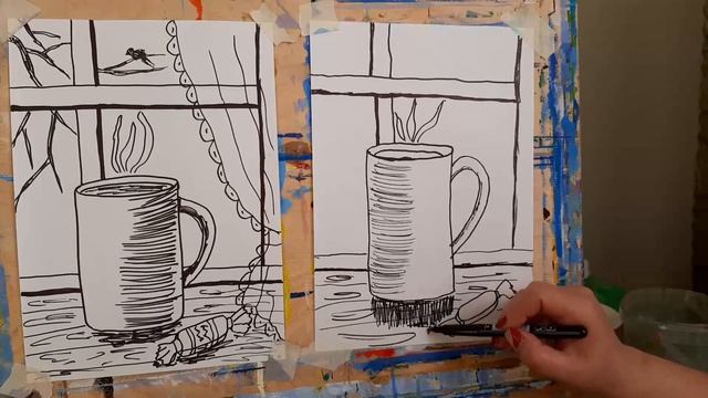 Рисуем чашку чая. Графическая работа чёрным маркером смотреть онлайн