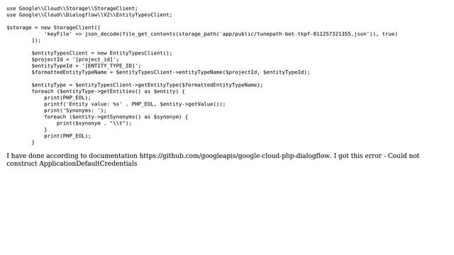 (Could not construct ApplicationDefaultCredentials) for PHP dialogflow смотреть онлайн